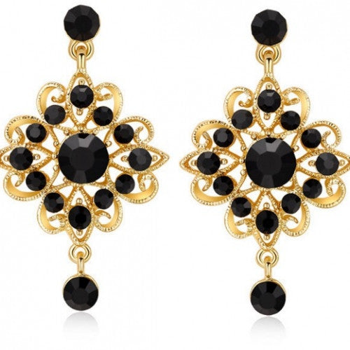 Earrings Gold Plated Black Rhinestone For Women